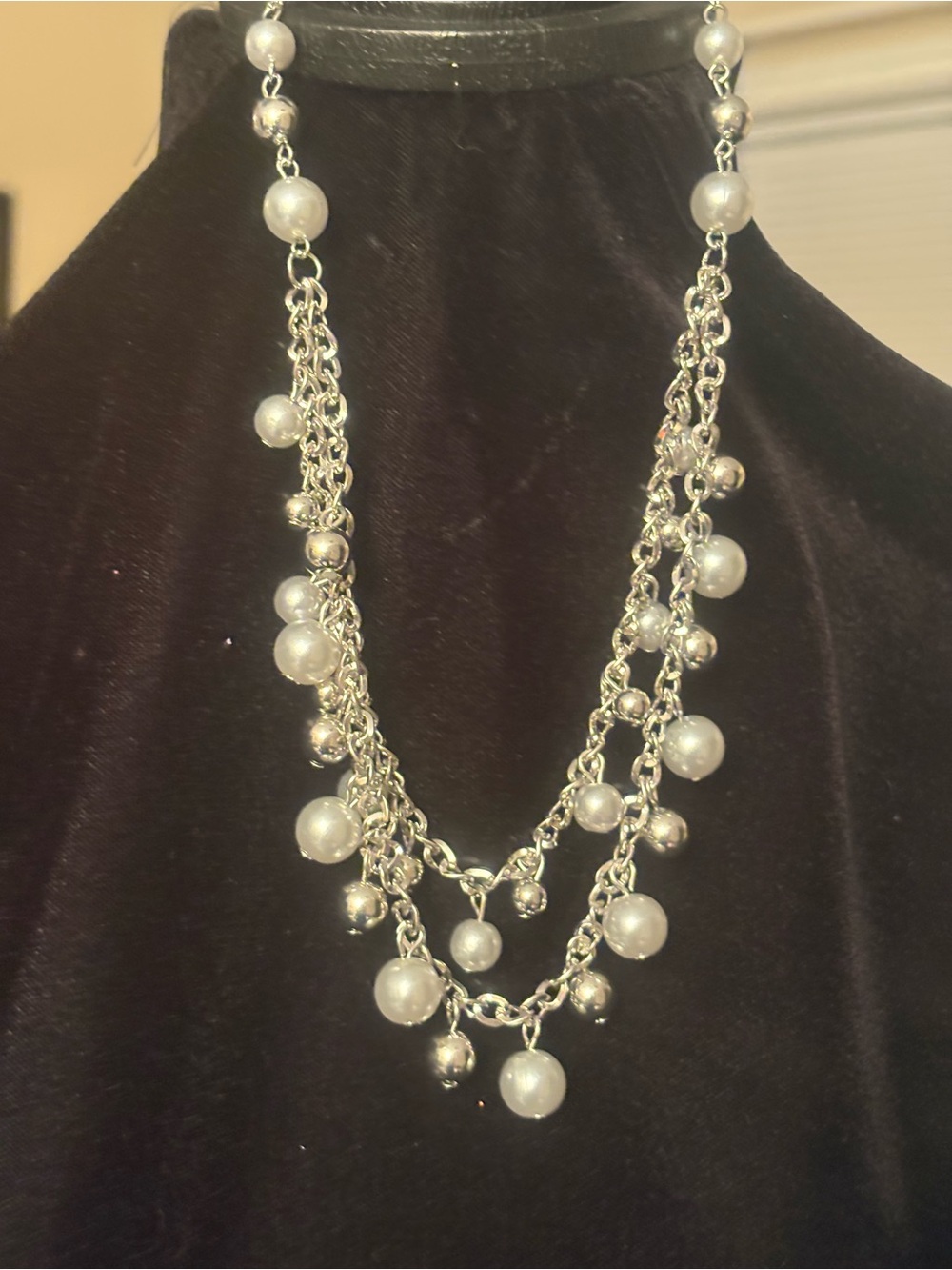 Silver Pearl Multi-Strand Necklace - White Pearls